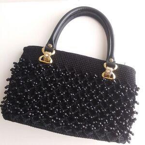 Retro Black Crochet Beaded Handbag, Double Top Handles